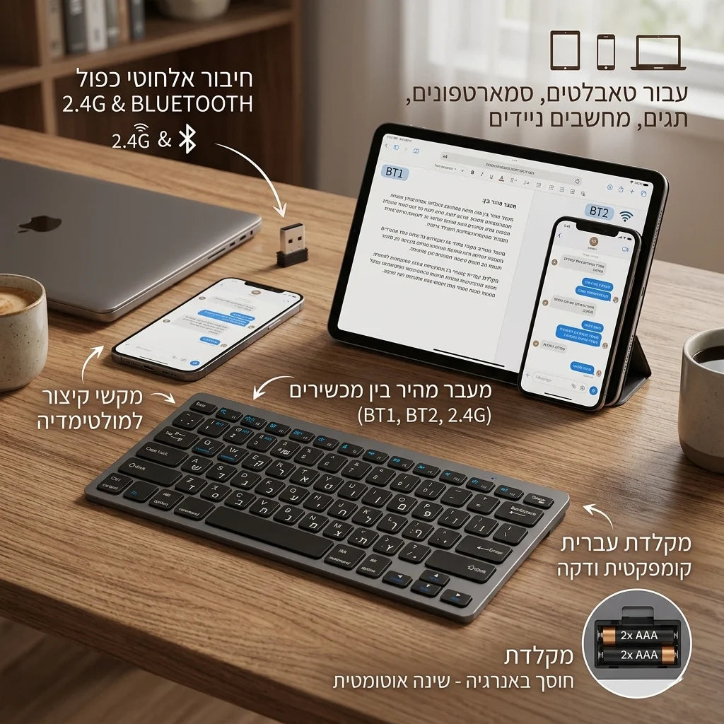 Teclado sem fios com disposição hebraica e inglesa, Bluetooth e 2.4G, modo duplo, fino, compacto e ergonómico, para Windows, iOS e Android