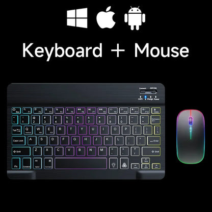 Mini-RGB-Tastatur mit Hintergrundbeleuchtung, 10 Zoll, Bluetooth, kabellose Maus, wiederaufladbar, für Spanisch, Russisch, Hebräisch, Koreanisch, Französisch, Arabisch, Portugal