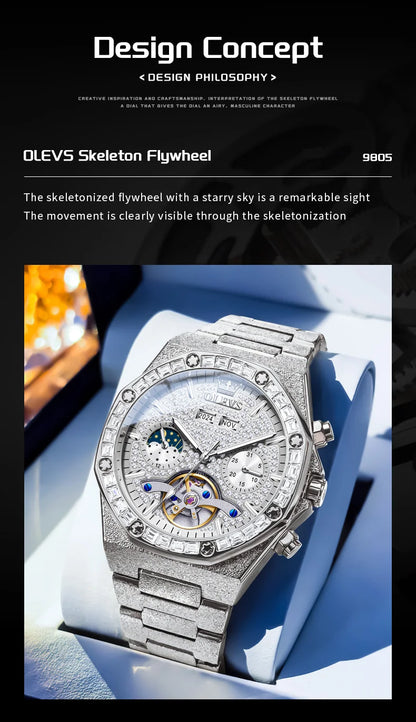OLEVS 9805 Skeleton Automatic Man Watch Luxury Fashion Matte Texture Full Diamond Moon Phase Waterproof Mechanical Wristwatches