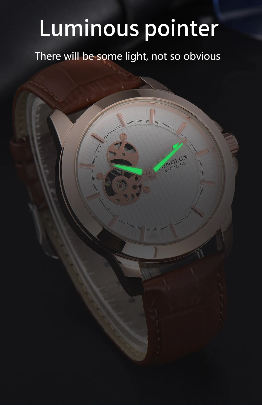 Automatic Watch Minimalist Elegant Everyday Skeleton Waterproof Mechanical Watches Rose Gold Leather Mens Watch Men Gift for Him