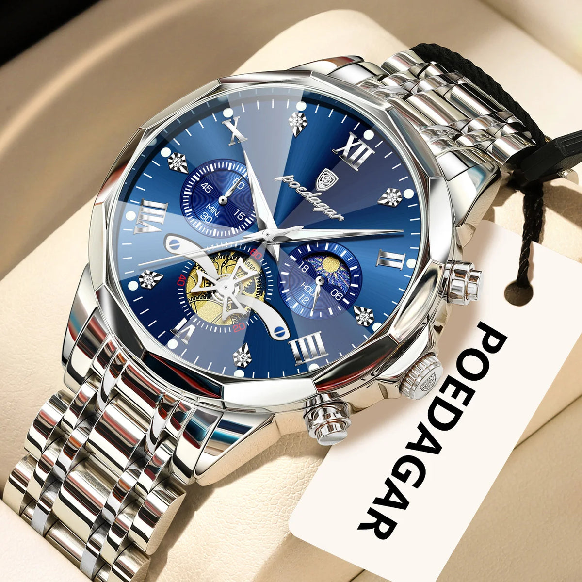 Original luxury POEDAGAR men’s watch, water-resistant, luminous chronograph, stainless steel quartz wristwatch, high-end men’s watches