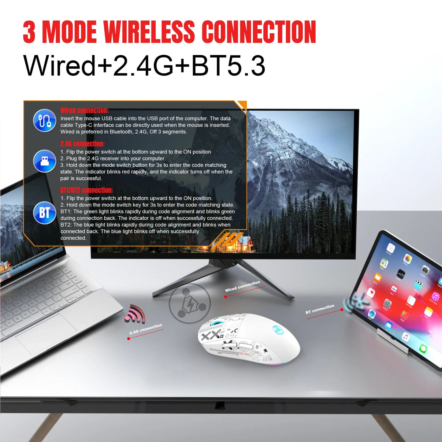 3 režimų „Bluetooth“ žaidimų pelė, įkraunama, 2.4G USB belaidė RGB apšvietimo pelė, skirta „iPad“, planšetiniam kompiuteriui, nešiojamajam kompiuteriui ir kompiuteriui