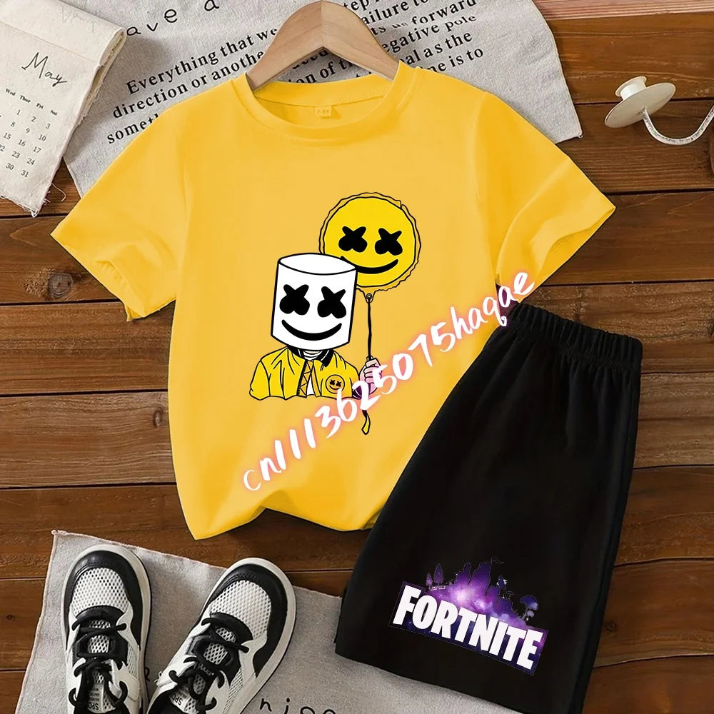 Summer FortnitesT-shirt Shorts for Boys Girl Tee Pants Set 2pcs Children Clothing Tops T-shirts Fortress Night Print Tees Gift
