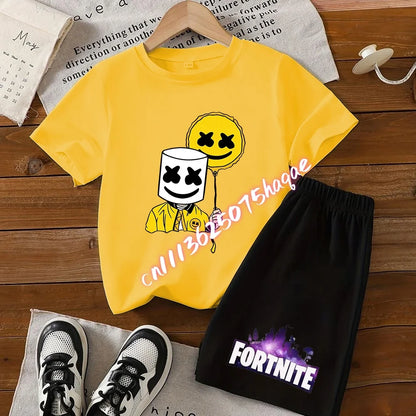 Summer FortnitesT-shirt Shorts for Boys Girl Tee Pants Set 2pcs Children Clothing Tops T-shirts Fortress Night Print Tees Gift