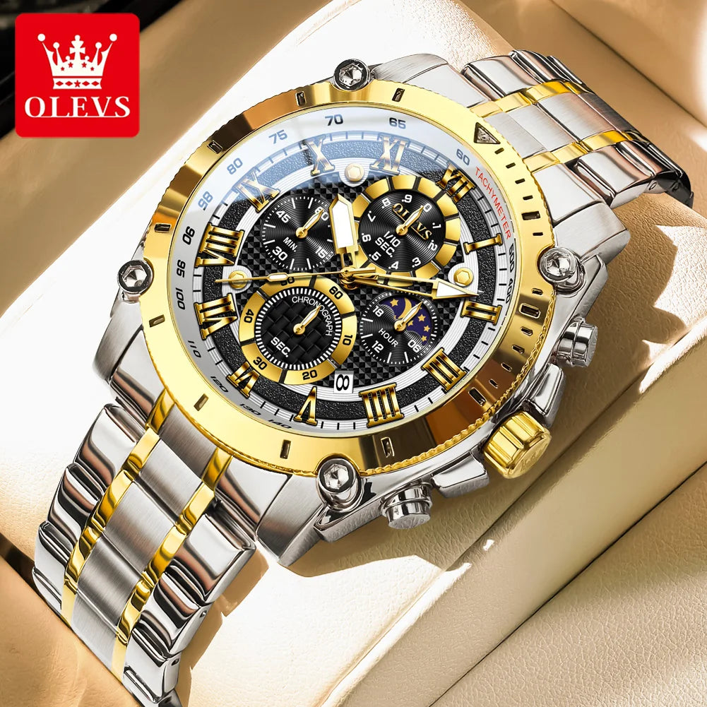 OLEVS New Man Watch Moon Phase Chronograph Waterproof Luminous Multi-functional Original Luxury Brand Quartz Men's Watches 3689