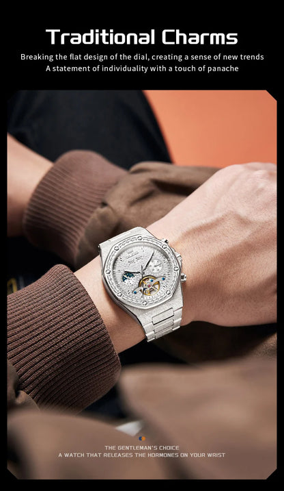 OLEVS 9805 Skeleton Automatic Man Watch Luxury Fashion Matte Texture Full Diamond Moon Phase Waterproof Mechanical Wristwatches