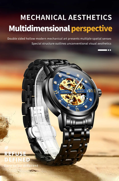 OLEVS 9901 Mens WatchLuxury Hollowing Mechanical Wristwatch Waterproof Luminous Stainless Steel Fashion Automatic Watch For Man
