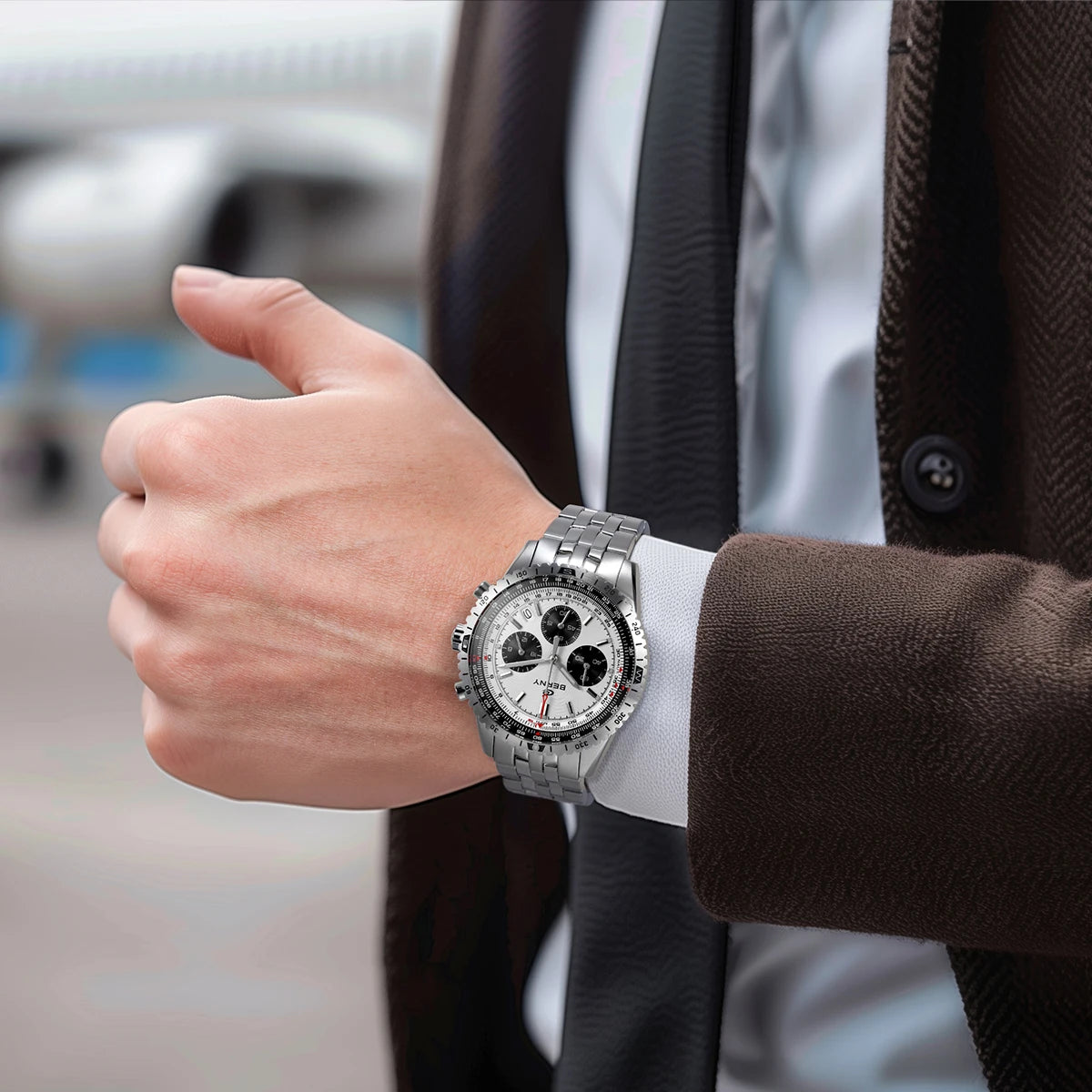 Ceas cronograf pentru bărbați BERNY – Ceas multifuncțional cu cuarț în stil aviatic, dotat cu afișaj al datei, sticlă de safir și luminescență excelentă – Ceas de mână de lux pentru bărbați