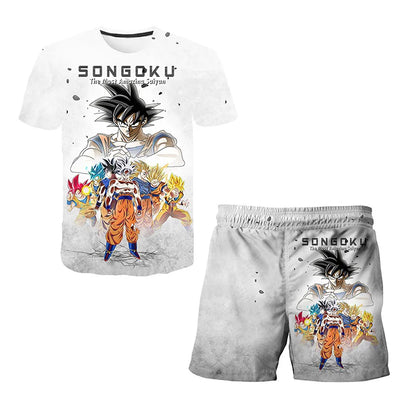 Japanisches Cartoon-Dragon-Ball-Z-T-Shirt, Kinder-Oberteil, T-Shirt- und Shorts-Zweiteiler für den Sommer, Jungen-T-Shirt + Shorts, Strandshorts