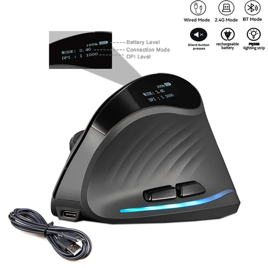 Ratón vertical inalámbrico recargable con pantalla, ratón ergonómico de 6 botones programables para gaming en escritorio