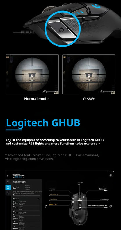 Logitech G502 HERO nagy teljesítményű vezetékes gamer egér HERO 25K érzékelővel, 25,600 DPI, RGB, állítható súlyok, 11 gomb, PC/Mac egér