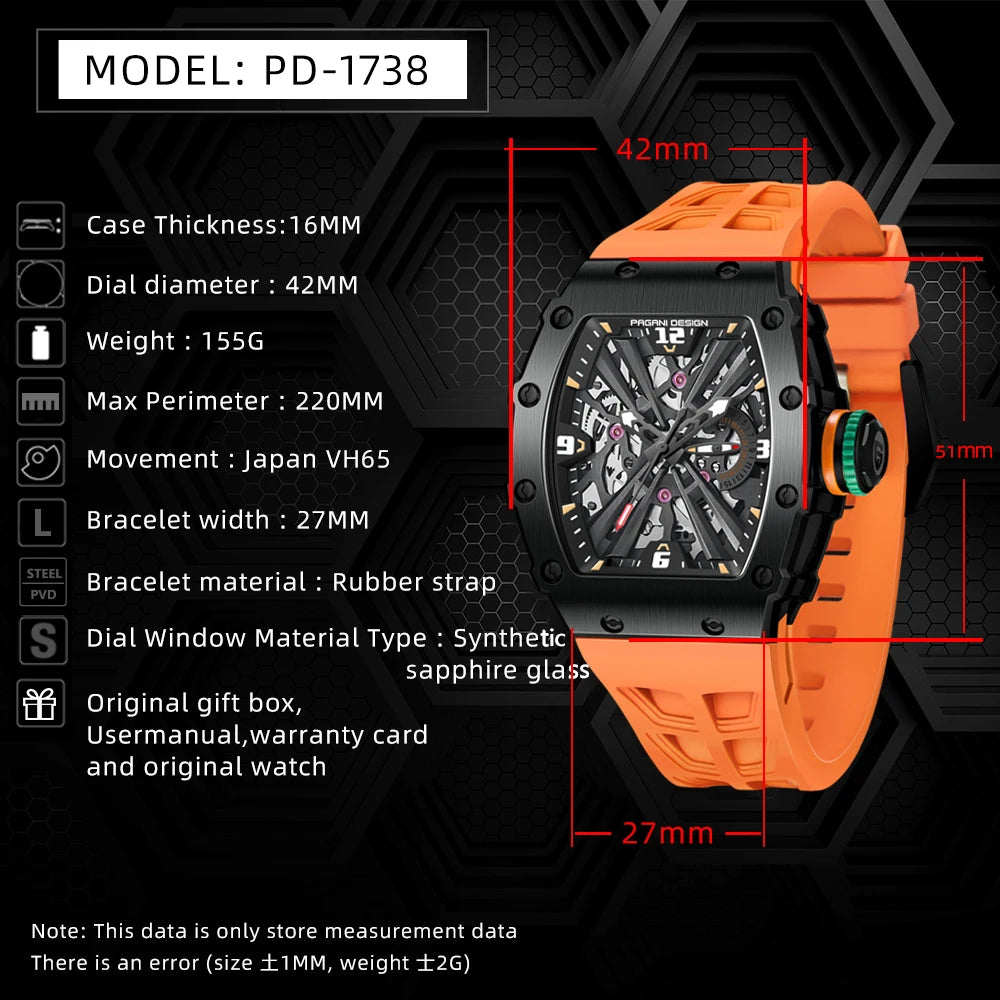 PAGANI DESIGN PD1738 Men Quartz Watches 42MM VH65 Black Case Sapphire Stainless Steel 50M Waterproof Wristwatch Watch for Men