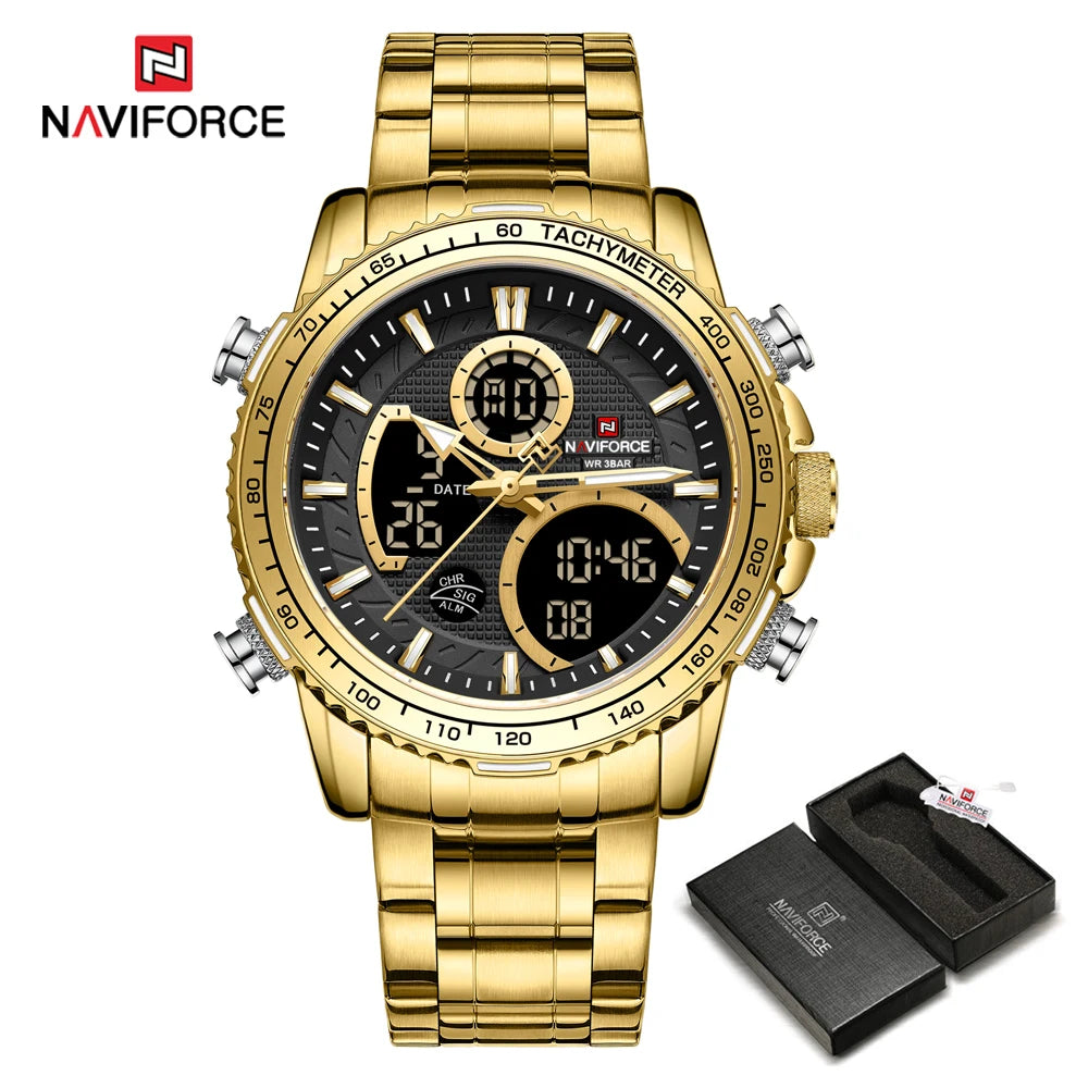 NAVIFORCE Herren-Sportuhr – Originelle Luxus-Armbanduhr aus Edelstahl, wasserdichtes Militärmodell mit doppelter Anzeige
