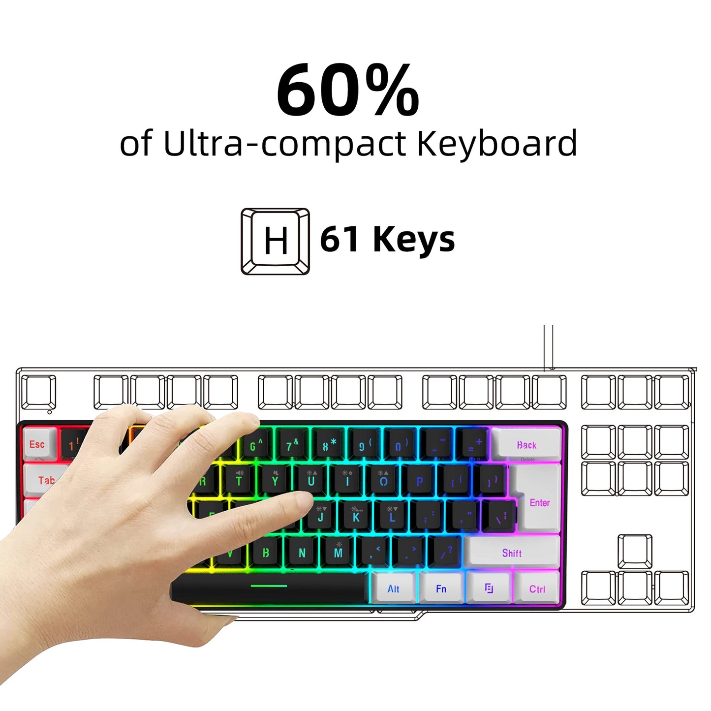 HXSJ USB Computer Keyboard and Mouse Kit with 61-Key Wired RGB Backlight Wired Gaming Mouse Colorful LED Lighting for PC Laptop