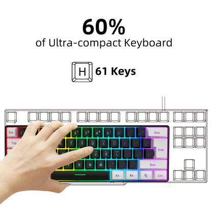 HXSJ USB Computer Keyboard and Mouse Kit with 61-Key Wired RGB Backlight Wired Gaming Mouse Colorful LED Lighting for PC Laptop