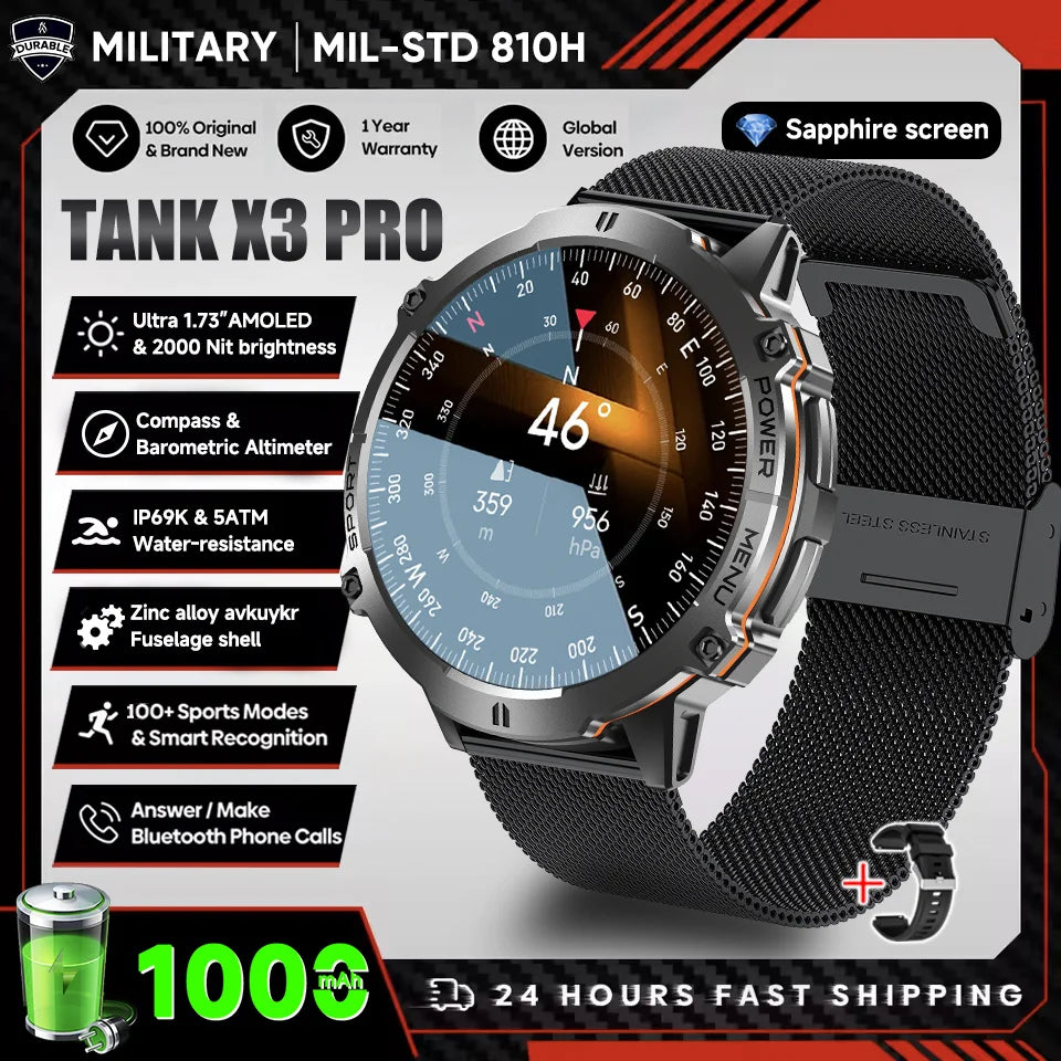 2026 Novo Smartwatch Militar TANK X3 para Homem, Bateria 1000mAh, 10ATM À Prova de Água para Natação, Percurso GPS, Ecrã AMOLED HD de 1.75", Chamadas e Desporto