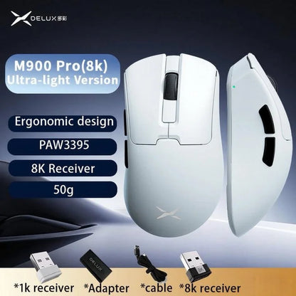 Delux M900PRO ultralet version trådløs gamingmus ergonomisk 1K/8K polling rate 50g PAW3395 til højre stor hånd PC-gamer