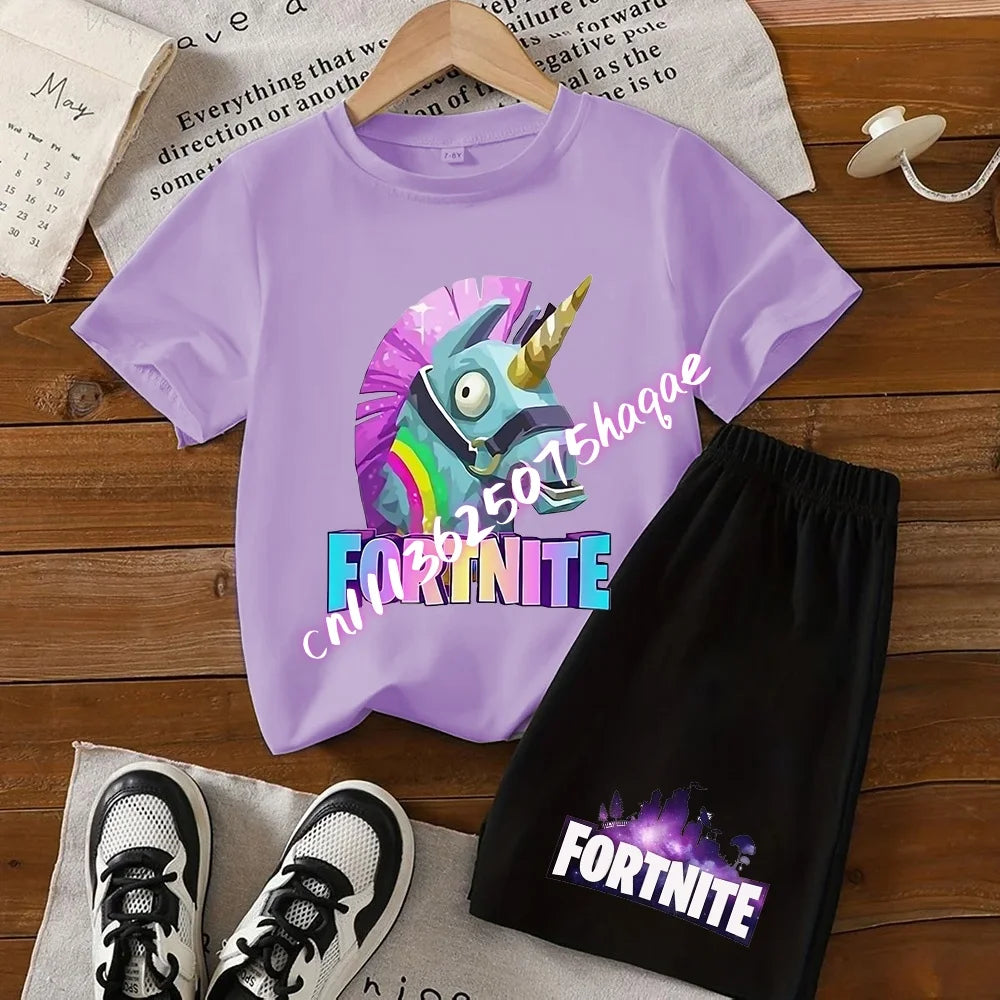 2026 New Fortnite Kids Pure Cotton Short-Sleeved Set with Cartoon Print Boys' Sport Shirt Casual Top Summer T-Shirt 2 Pieces