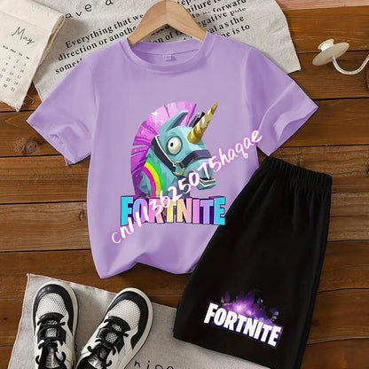2026 New Fortnite Kids Pure Cotton Short-Sleeved Set with Cartoon Print Boys' Sport Shirt Casual Top Summer T-Shirt 2 Pieces