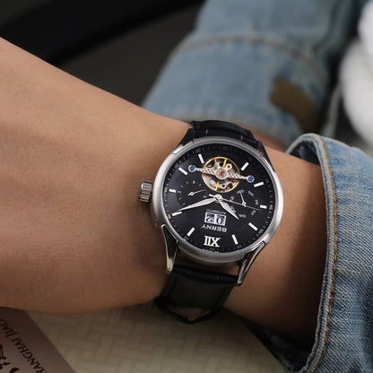 BERNY Automatic Watch for Men Auto Self-wind Mechanical Watches Date Skeleton 5ATM Luxury Male Wristwatches