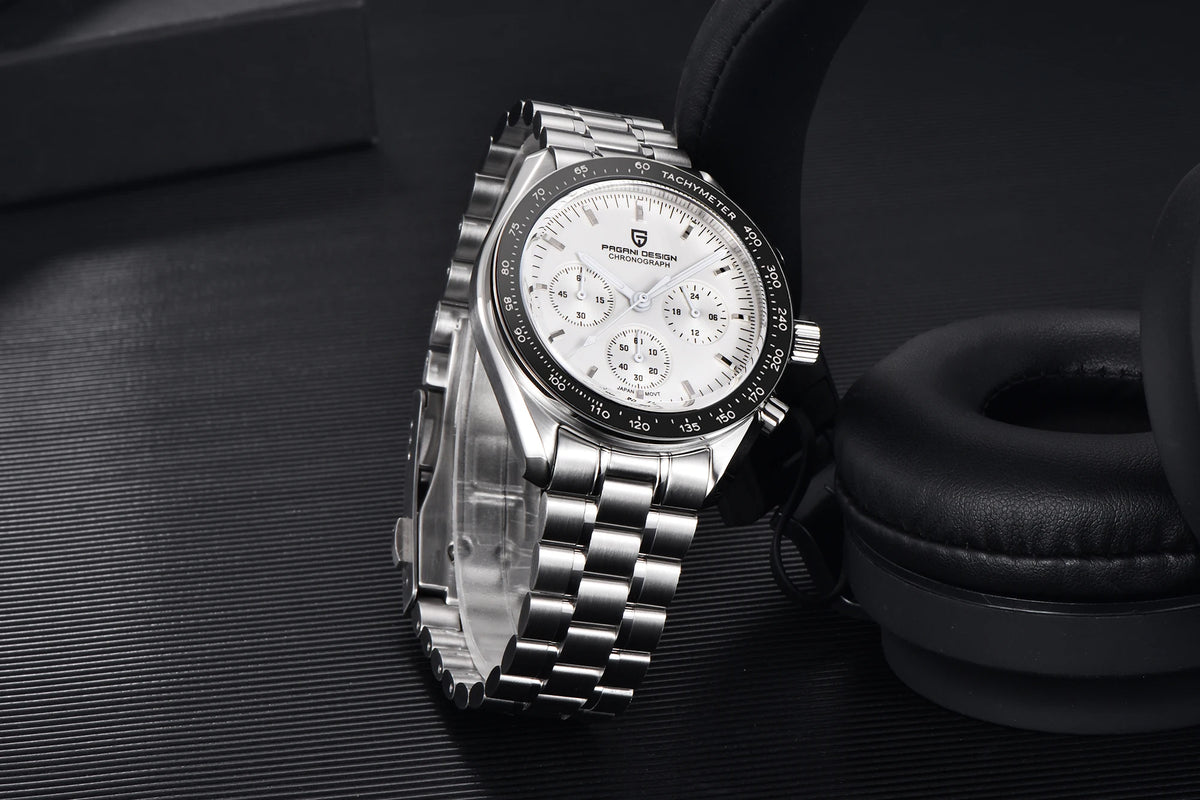 Pánske hodinky PAGANI DESIGN „New Moon“ – luxusné quartzové hodinky, chronograf, zafírové sklo s antireflexnou úpravou, keramický rámček, luminiscenčné ručičky