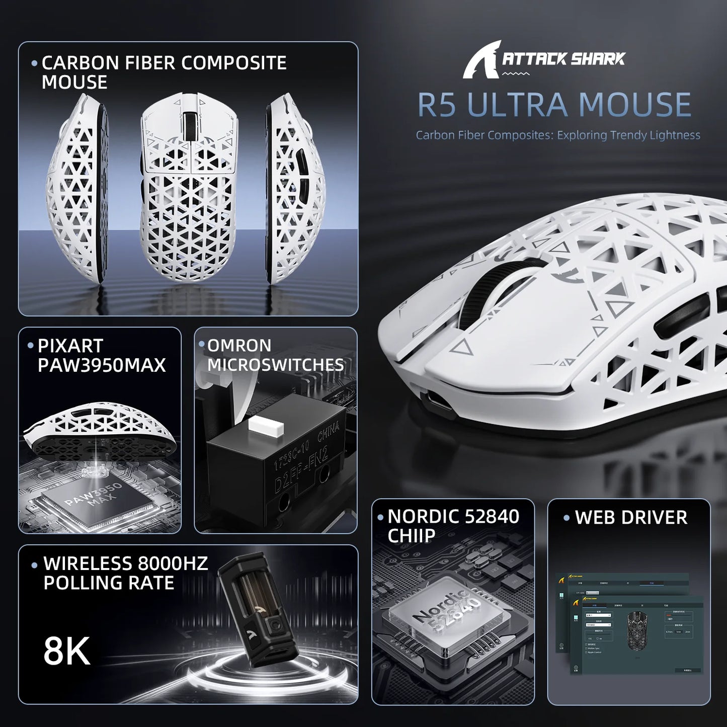 ATTACK SHARK R5 Ultra Carbon Fiber trådløs gamingmus, PixArt PAW3950MAX gamingsensor, 42000DPI, 8000Hz, MCU Nordic 52840