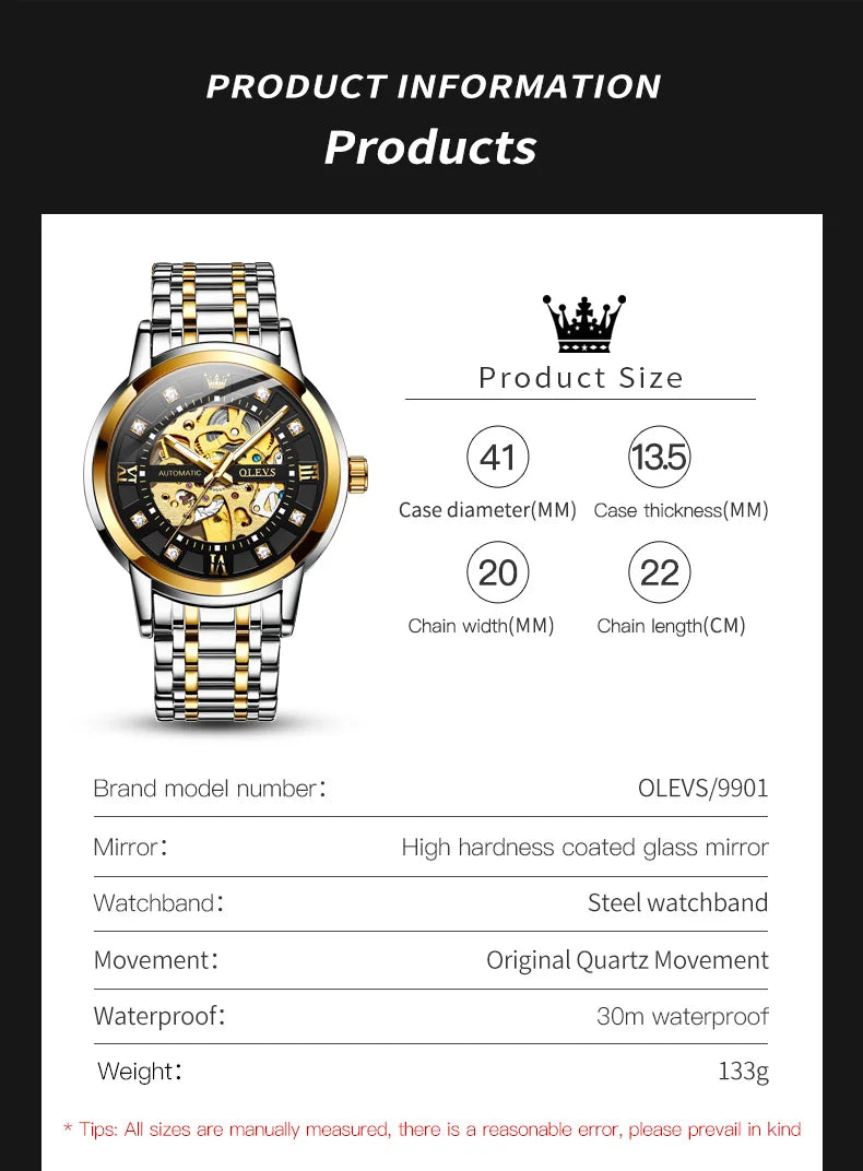 OLEVS 9901 Mens WatchLuxury Hollowing Mechanical Wristwatch Waterproof Luminous Stainless Steel Fashion Automatic Watch For Man