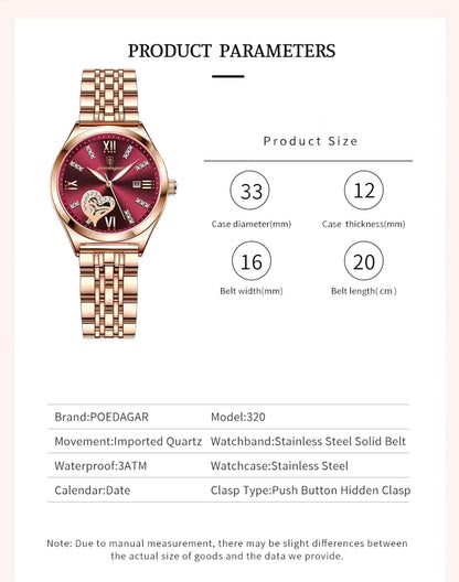 POEDAGAR Top Luxury Woman Watches Waterproof Luminous Date Stainless Steel Women's Quartz Wristwatch Elegant Dress Ladies Watch