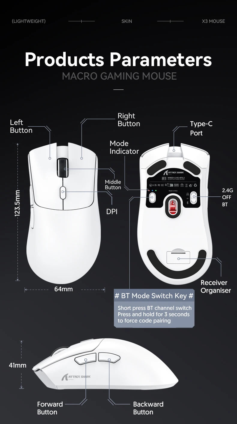 Attack Shark R1 brezžična miška Bluetooth za gaming, viralna miška, ki so jo ocenili vplivneži, senzor PAW3311, frekvenca odzivanja 1000Hz