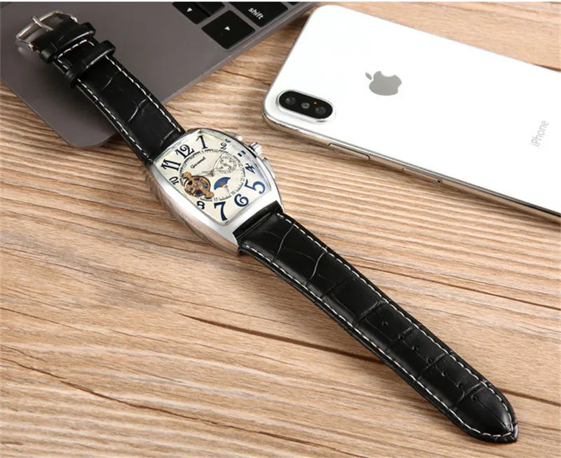 Luxury Hollow Automatic Mechanical Watch Men Tourbillon Clock Fashion Soft Leather Strap Business Watches Male Relogio Masculino