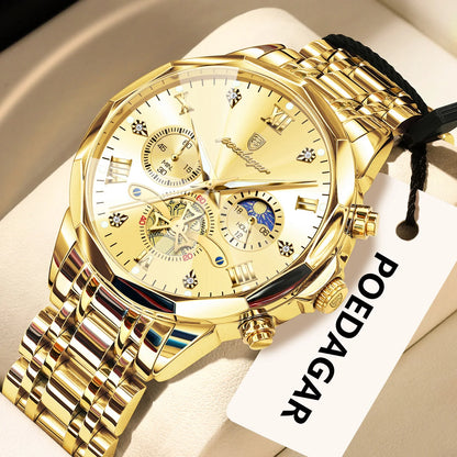 Original luxury POEDAGAR men’s watch, water-resistant, luminous chronograph, stainless steel quartz wristwatch, high-end men’s watches