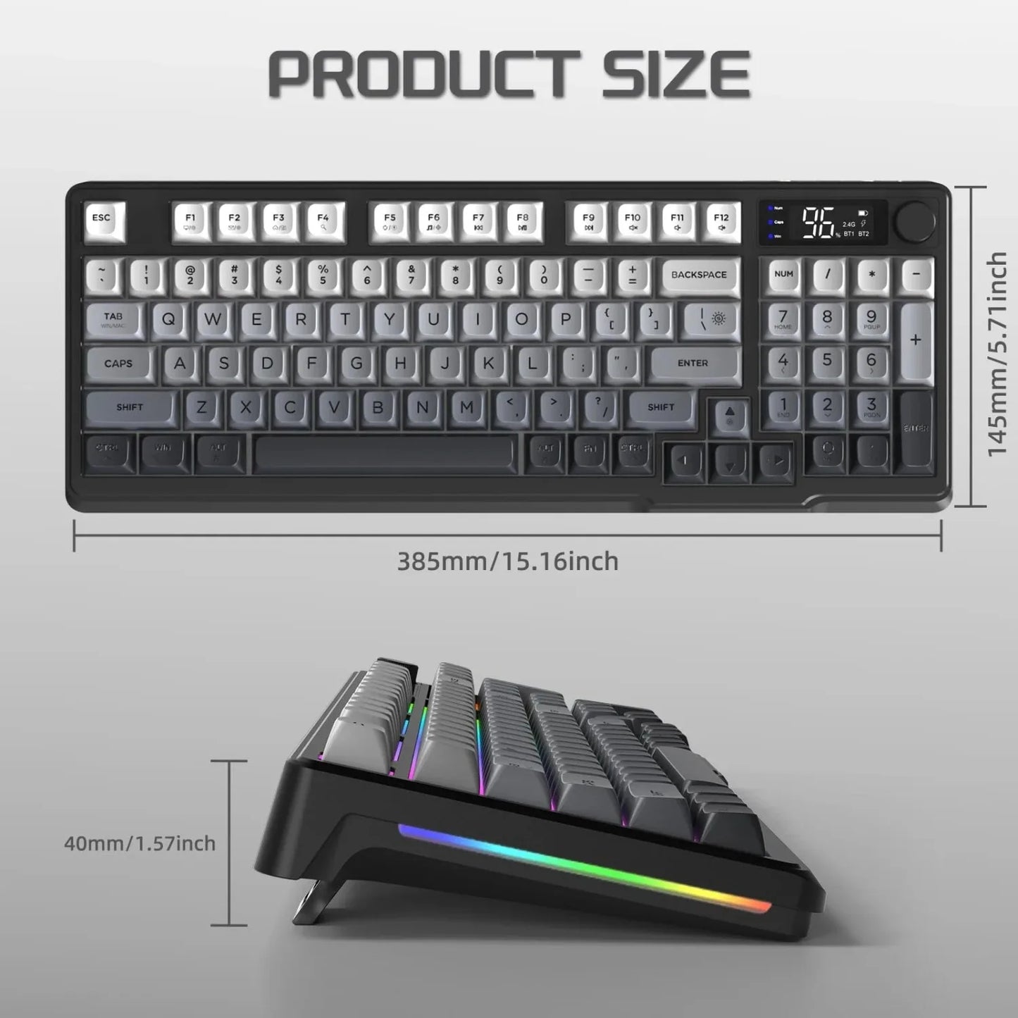 FREEWOLF M96 Wireless Keyboard Knob Control BT/2.4g/Wired, RGB LED Backlight Display, PBT Keycap, 3000mA Battery for PC/Laptop