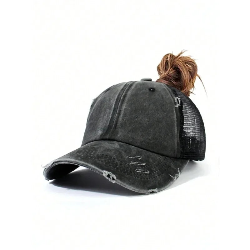 1pc Vintage Ponytail Mesh Baseball Cap,Adjustable Outdoor Sun Protection Washed Distress Trucker Hat,Suitable for Spring/Autumn