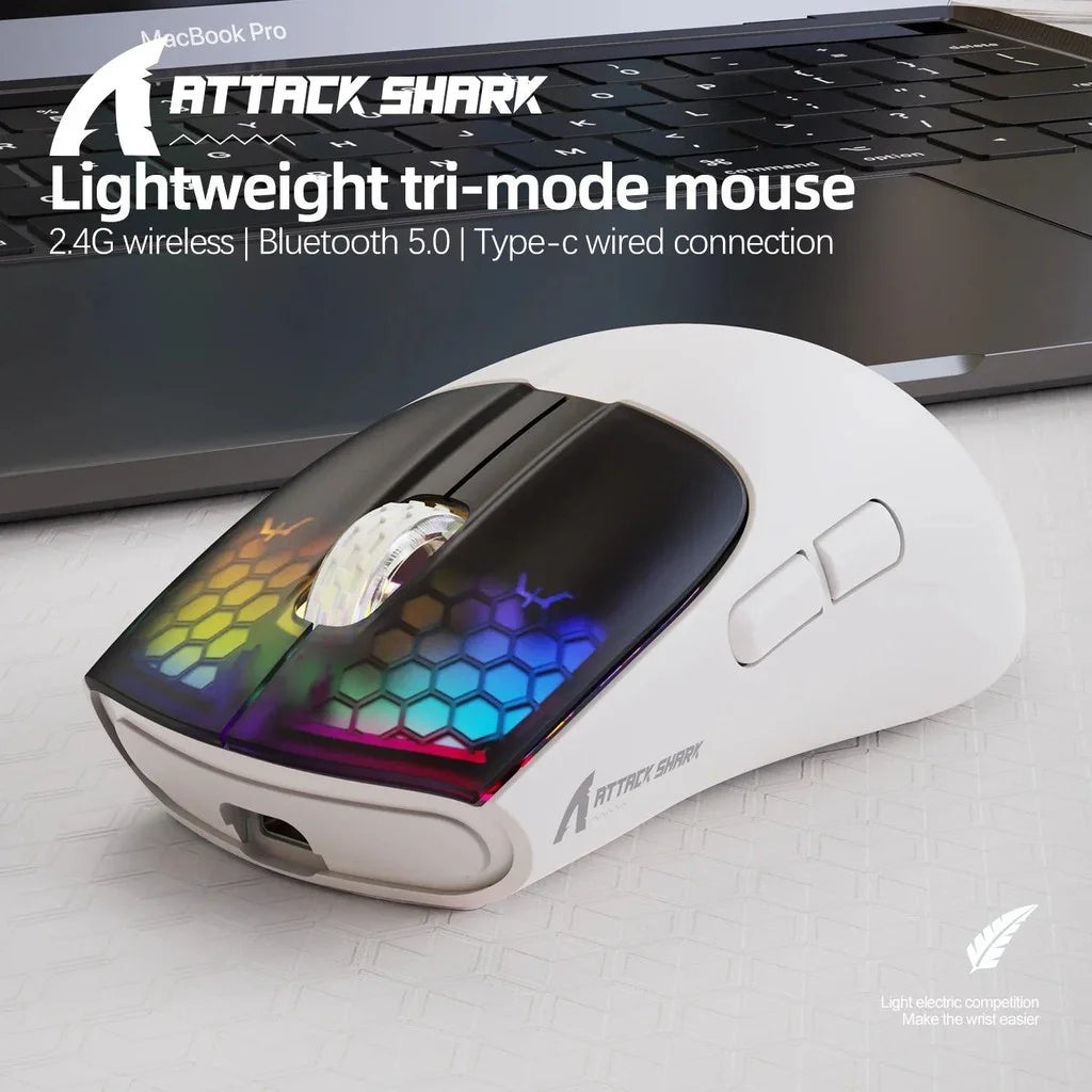 ATTACK SHARK X5 bezdrátová myš, lehká, tri-mode připojení 2.4GHz / kabel / Bluetooth, RGB makro herní myš