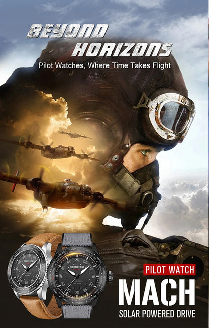 NORTH EDGE 2024 MACH Solar Power Quartz watch Men Waterproof 50M Men's Pilot Sports Wristwatches Luminous Enviormentally Clock