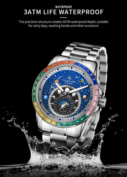 GLENAW Watches Original Design Diamond Constellation Rotating Dial Stainless Steel Luxury Men's Automatic Mechanical Watch P8719