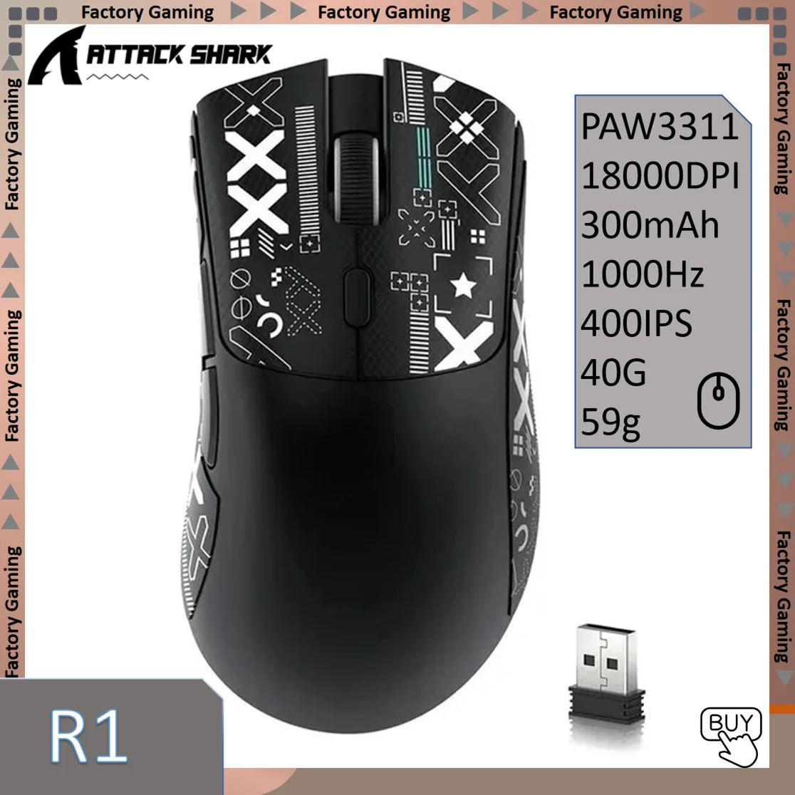 ATTACK SHARK R1 59g ultralätt mus med PAW3311, 18000DPI, 400IPS, 40G, 1000Hz, Tri-Mode, Broadcom BK3633 Master, 20 miljoner klick