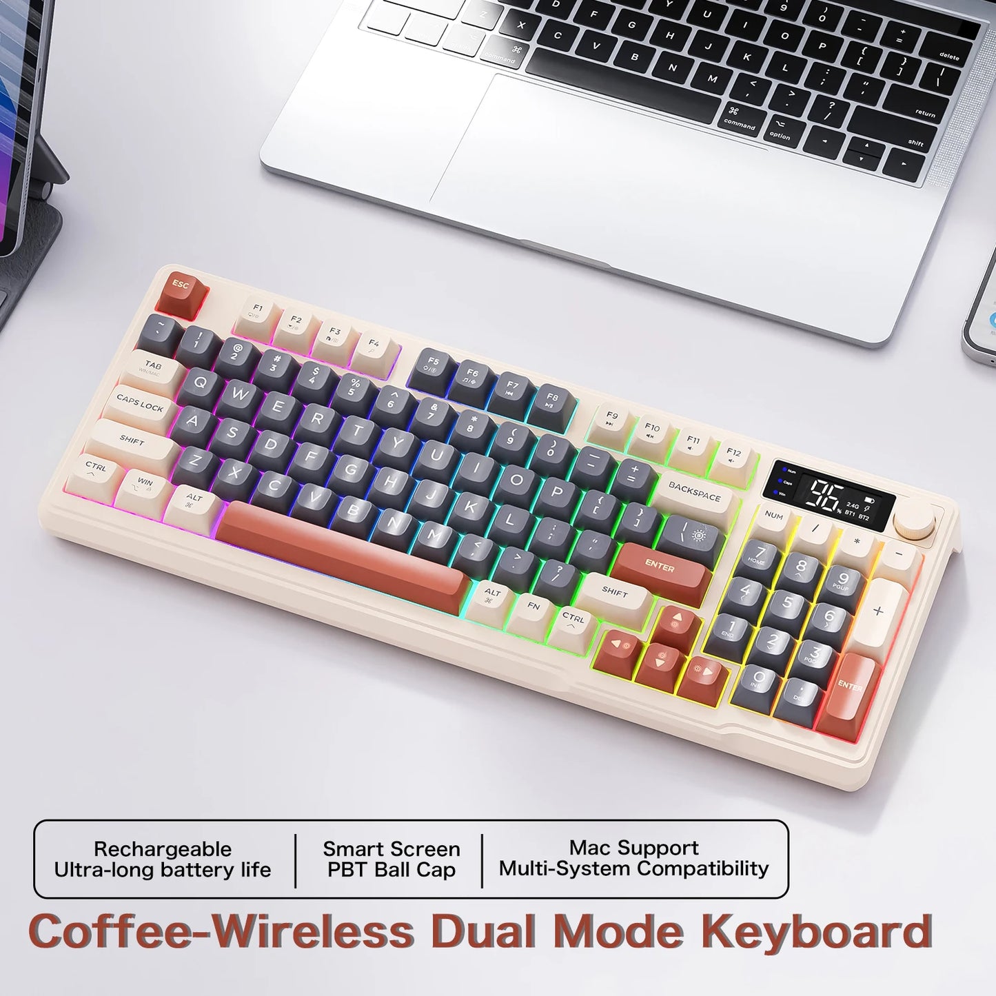 M96 Bluetooth-Tastatur Kabellose FREEWOLF Bildschirm-Gaming-Tastatur, elektronischer Bildschirm, Multi-Device-Verbindung, ergonomisches Gaming