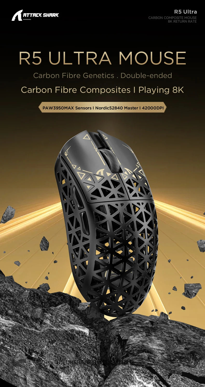 Mouse de gaming wireless ATTACK SHARK R5 Ultra Carbon Fiber, senzor de gaming PixArt PAW3950MAX, 42000DPI, 8000Hz, MCU Nordic 52840