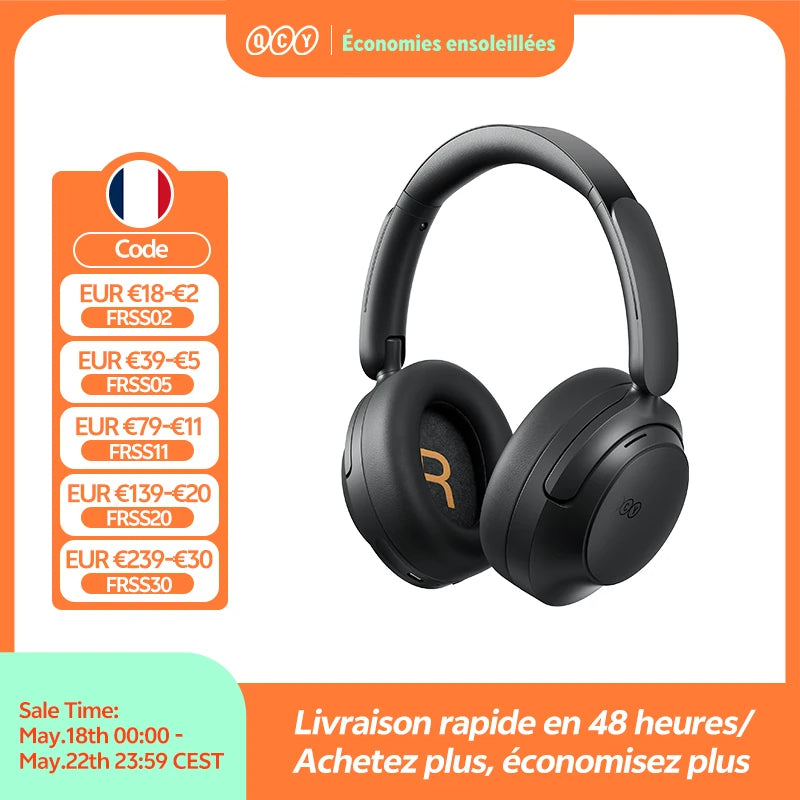 QCY H3S -56dB ANC adaptativo Auscultadores Bluetooth 6.0 circum-aurais – Headset sem fios Hi-Res LDAC, bateria de 102H, som espacial Dual Driver