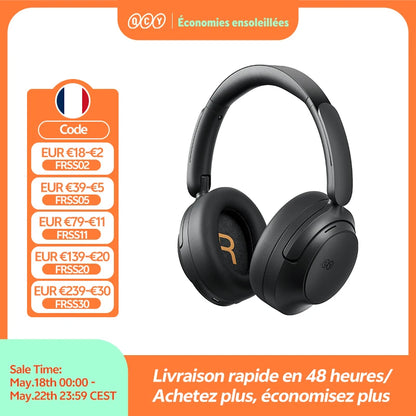 QCY H3S -56dB ANC adaptativo Auscultadores Bluetooth 6.0 circum-aurais – Headset sem fios Hi-Res LDAC, bateria de 102H, som espacial Dual Driver