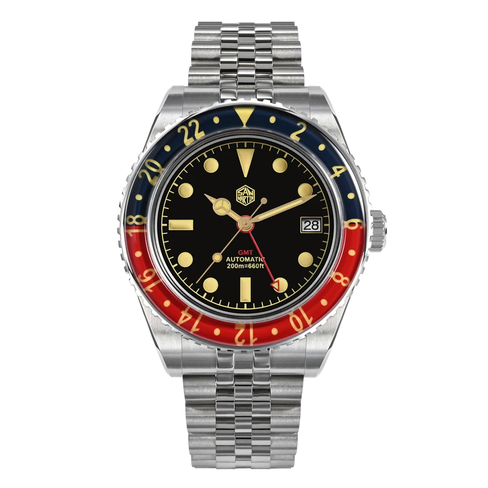 San Martin 40mm SN0005 Retro GMT NH34 Automatic Distressed Patina Dial Bi-color Sapphire Bezel Jubilee Mens Watches 20Bar Lume