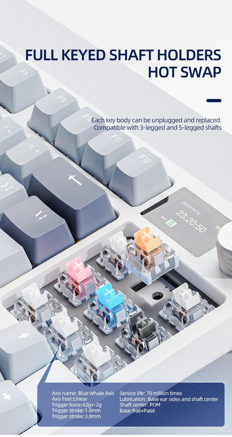Teclado mecânico ATTACK SHARK K86 com botão metálico, ecrã TFT inteligente a cores, layout de 87 teclas, iluminação RGB e ligação trimodo