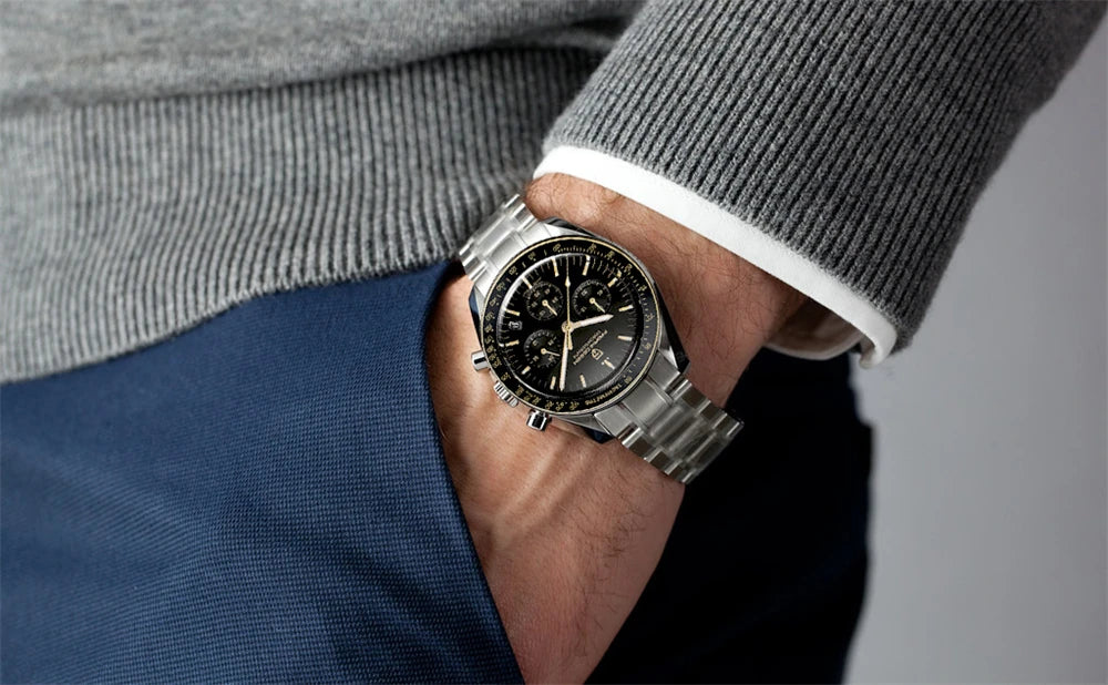 Pánske hodinky PAGANI DESIGN „New Moon“ – luxusné quartzové hodinky, chronograf, zafírové sklo s antireflexnou úpravou, keramický rámček, luminiscenčné ručičky