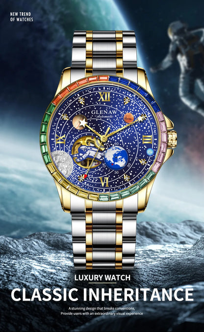 GLENAW New Rotating Earth Mechanical Watch Men Space astronaut dial Night Light Waterproof Stainless Steel Strap Automatic Watch