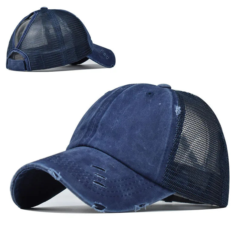 1pc Vintage Ponytail Mesh Baseball Cap,Adjustable Outdoor Sun Protection Washed Distress Trucker Hat,Suitable for Spring/Autumn