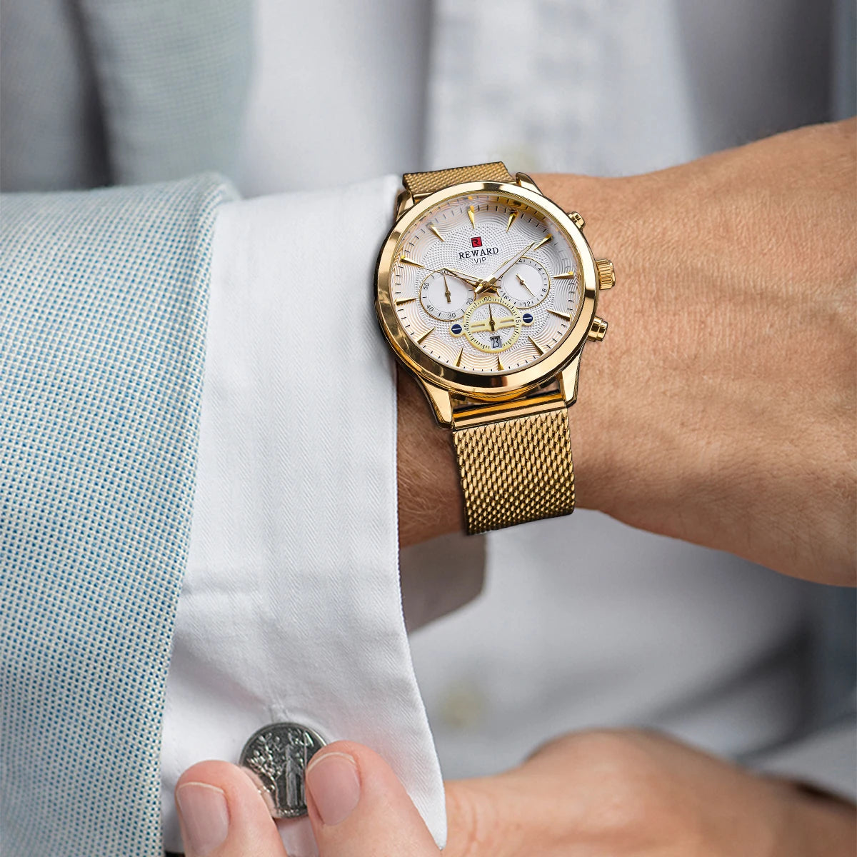 REWARD Business Watches Quartz Movement Fashion Men Gold Stainless Steel Watch Luxury Calendar Quartz Wrist Watch