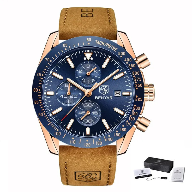 Montres de luxe pour hommes BENYAR – Montres-bracelets à quartz avec bracelet en cuir, étanches jusqu'à 30 m, style sportif.