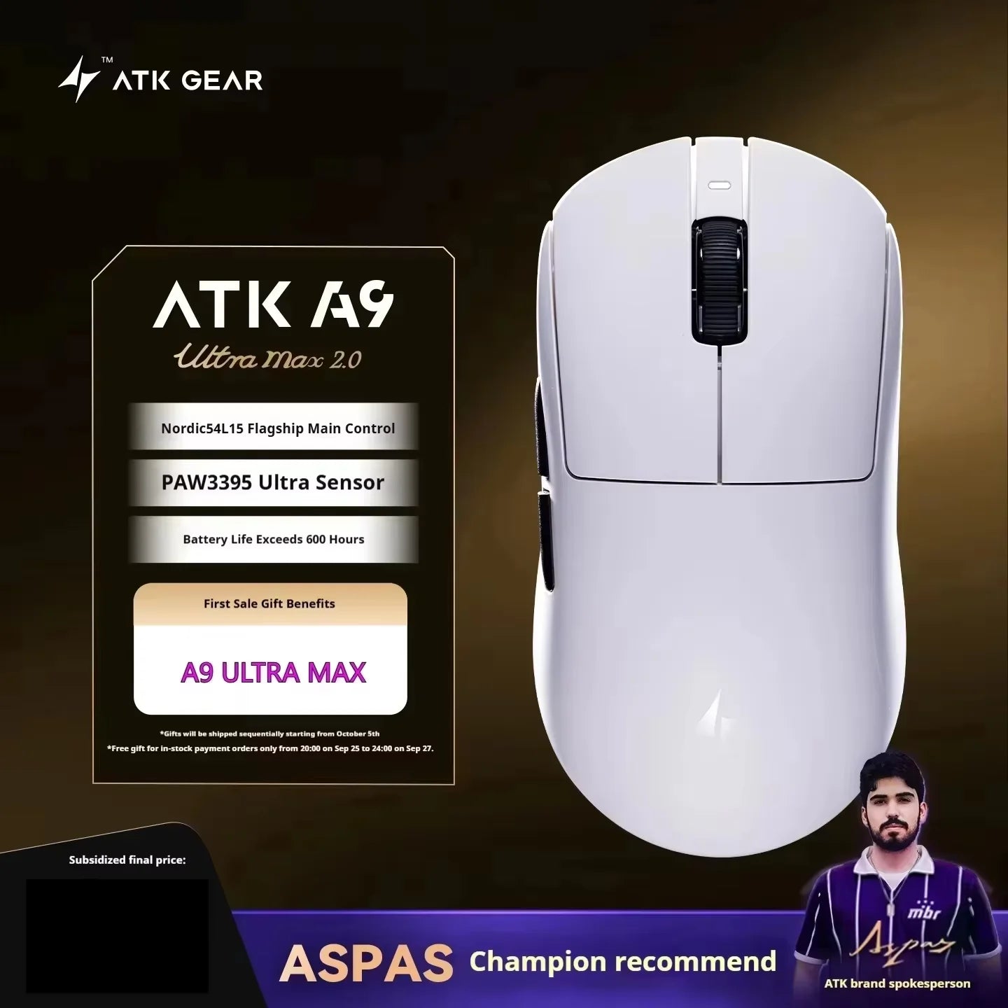 ATK A9 belaidė žaidimų pelė su NearLink technologija, ergonomiška PAW3395, trijų režimų Bluetooth, mažos delsos e. sporto pelė PC