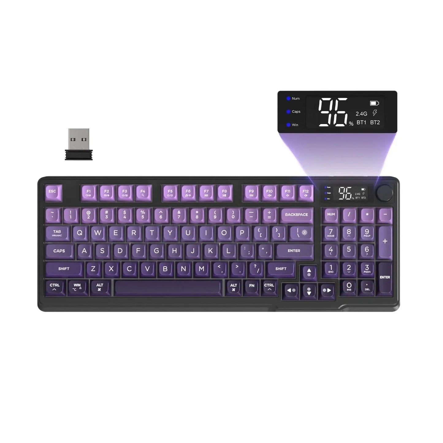 FREEWOLF M96 Wireless Keyboard Knob Control BT/2.4g/Wired, RGB LED Backlight Display, PBT Keycap, 3000mA Battery for PC/Laptop